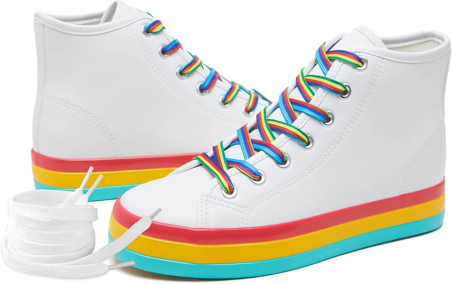 Uoidru Women's Fashion Sneakers High Top Shoes PU Leather White Tennis Shoes Women Casual Walking Rainbow Sneakers for Women