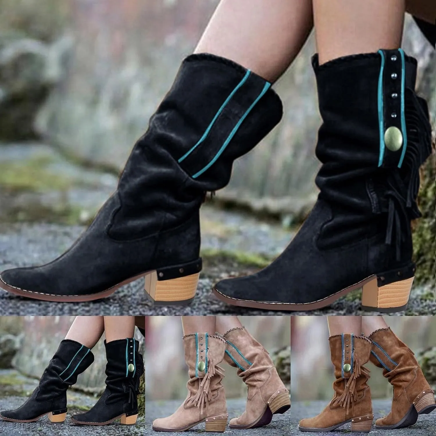 Women's Mid Calf Boots Fringe Western Cowgirl Boots Pointed Toe Tassel Stacked Chunky Low Heel Pull On Retro Boots
