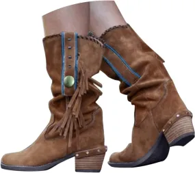 Women's Mid Calf Boots Fringe Western Cowgirl Boots Pointed Toe Tassel Stacked Chunky Low Heel Pull On Retro Boots