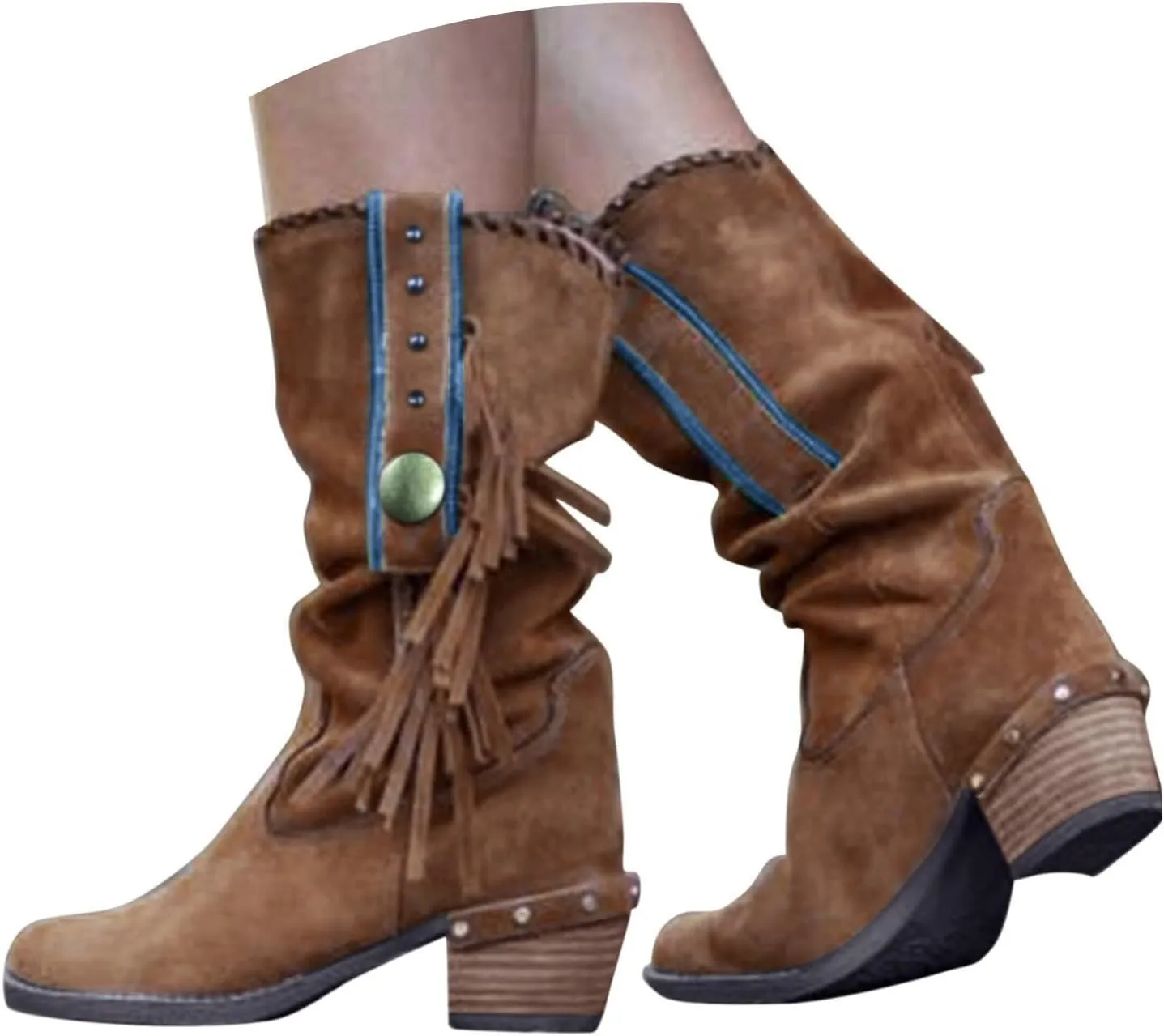 Women's Mid Calf Boots Fringe Western Cowgirl Boots Pointed Toe Tassel Stacked Chunky Low Heel Pull On Retro Boots