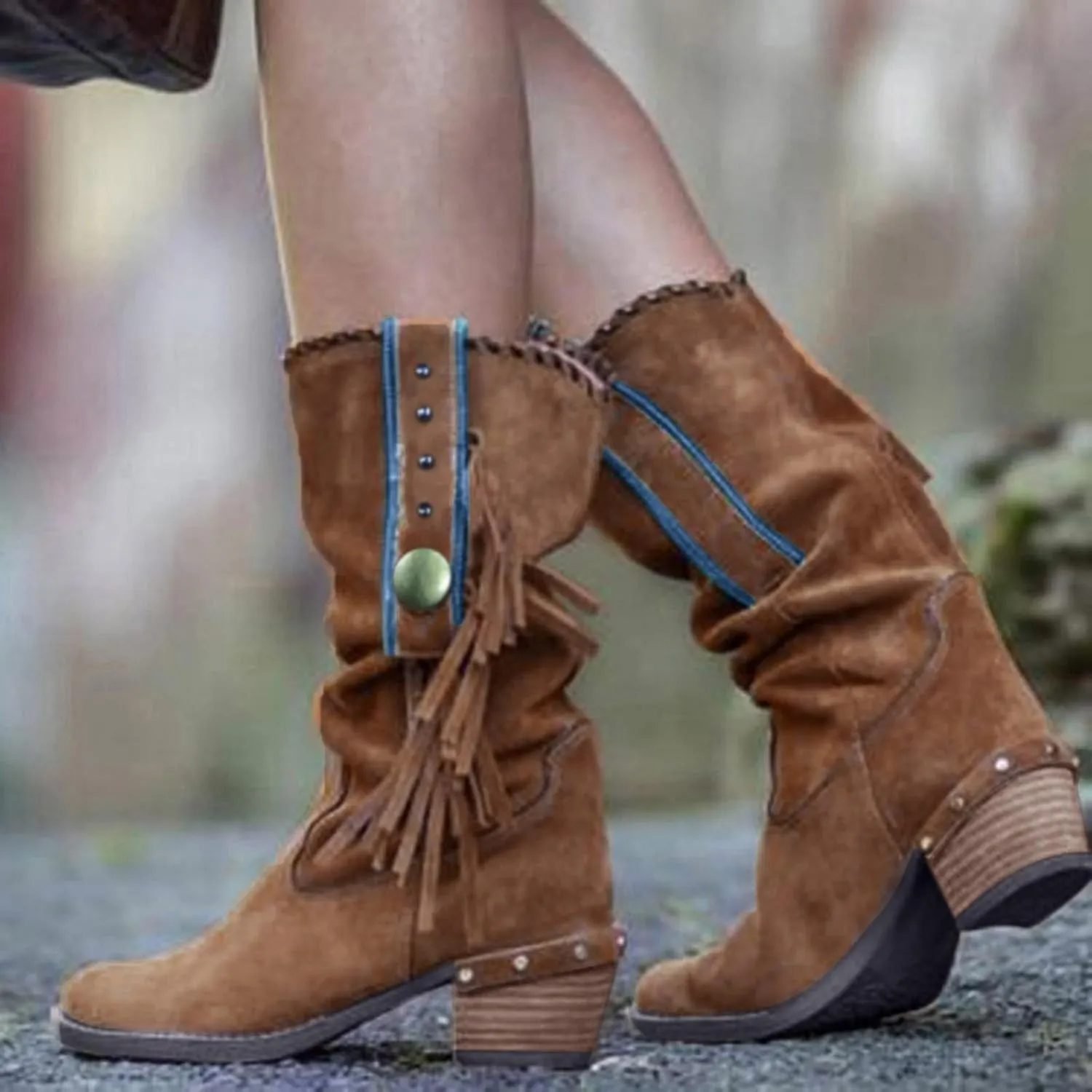 Women's Mid Calf Boots Fringe Western Cowgirl Boots Pointed Toe Tassel Stacked Chunky Low Heel Pull On Retro Boots